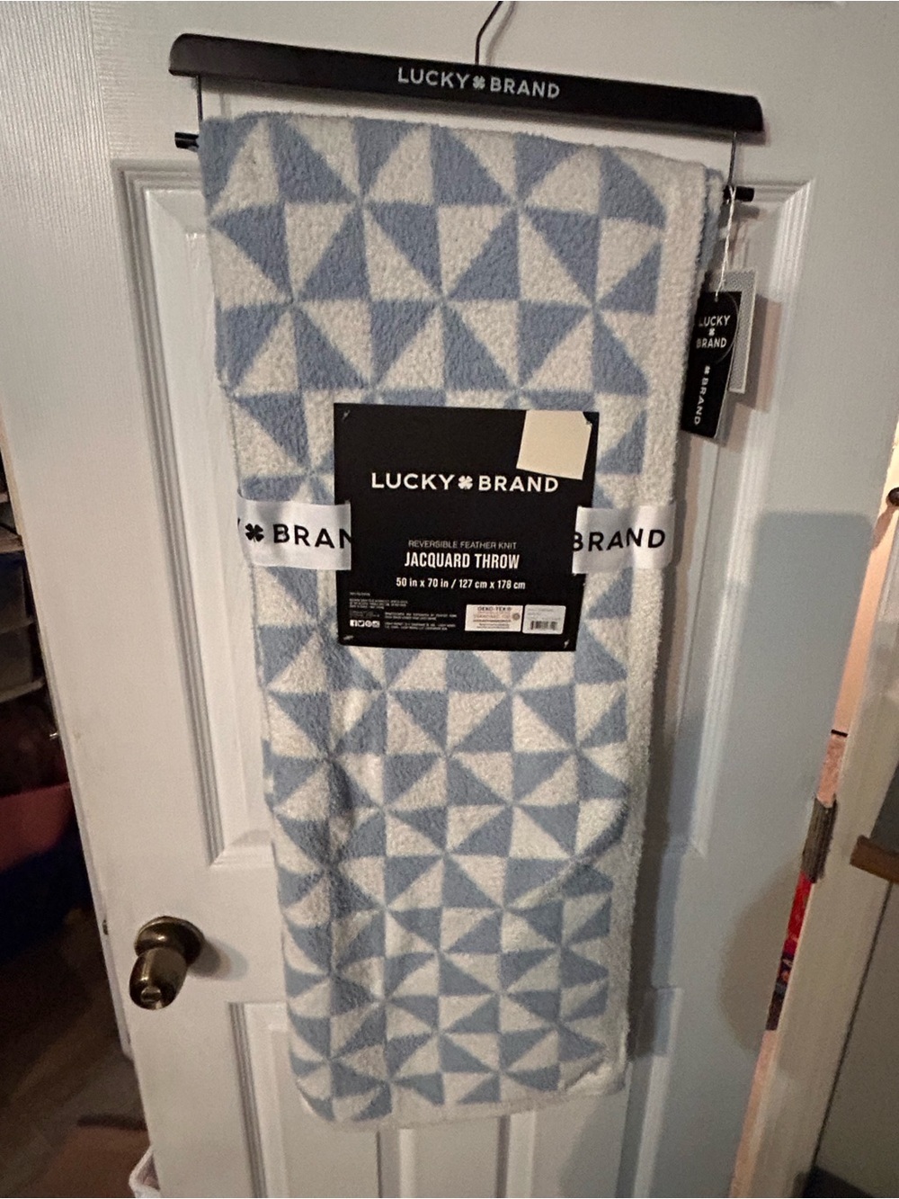 Lucky Brand Fog  Blue and Ivory Super Cozy Geometric Jacquard Throw